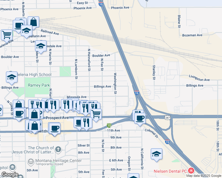 map of restaurants, bars, coffee shops, grocery stores, and more near 2106 Billings Avenue in Helena