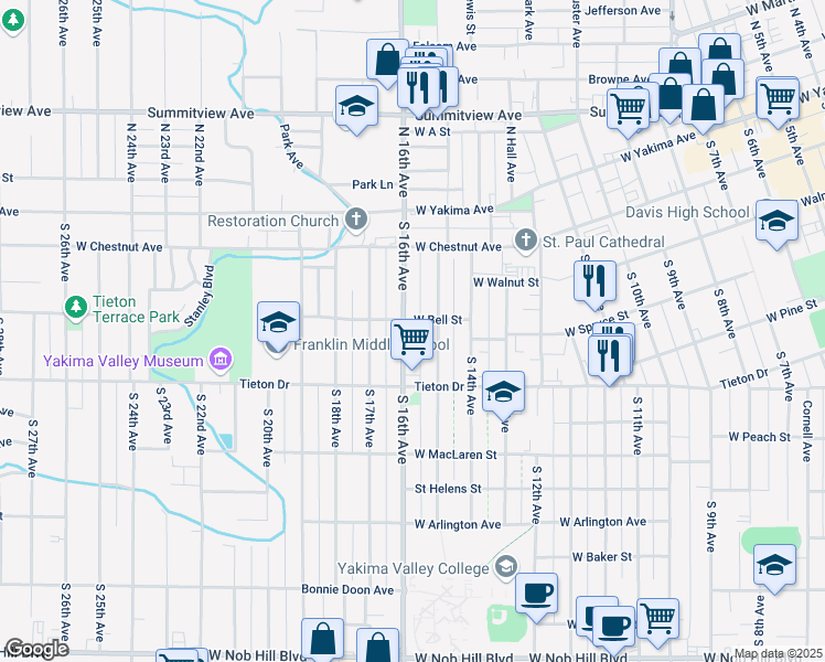 map of restaurants, bars, coffee shops, grocery stores, and more near 226 South 15th Avenue in Yakima