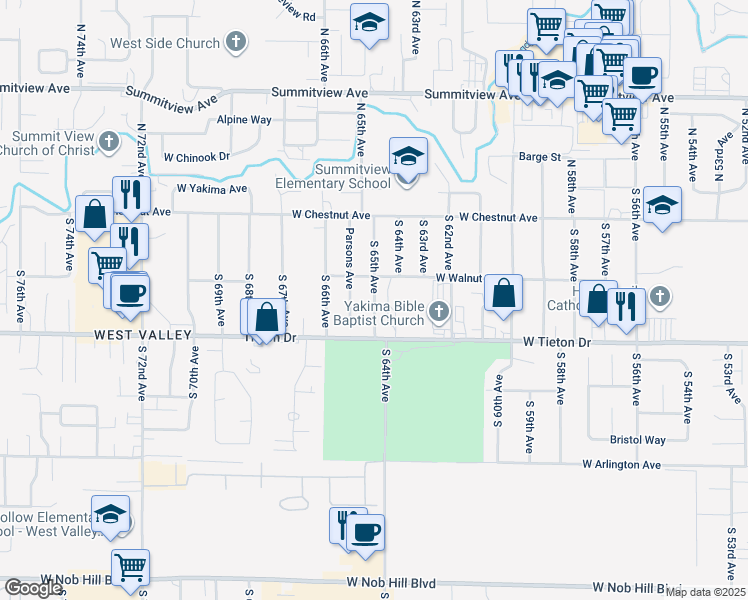 map of restaurants, bars, coffee shops, grocery stores, and more near 401 South 65th Avenue in Yakima
