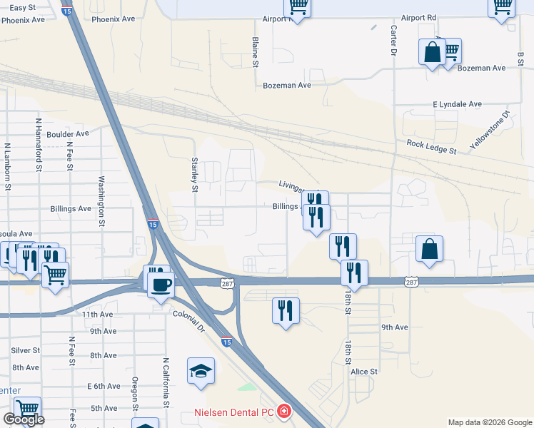 map of restaurants, bars, coffee shops, grocery stores, and more near 2606 Billings Avenue in Helena