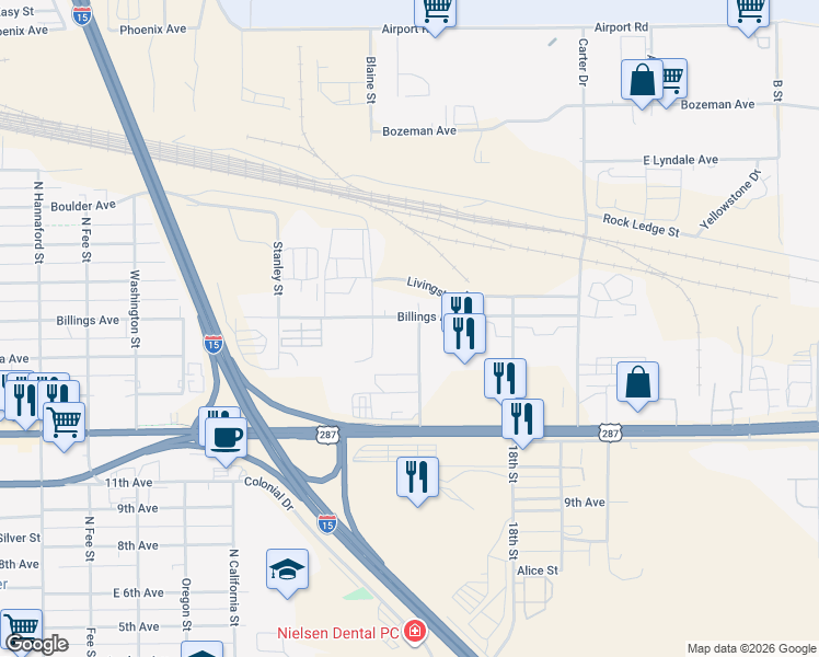 map of restaurants, bars, coffee shops, grocery stores, and more near 2606 Billings Avenue in Helena