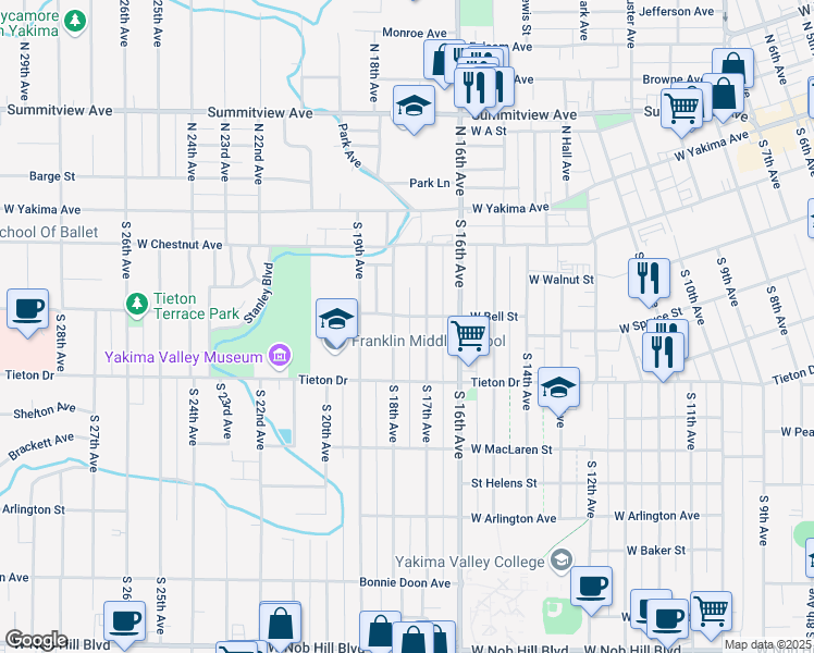 map of restaurants, bars, coffee shops, grocery stores, and more near 403 1/2 South 18th Avenue in Yakima