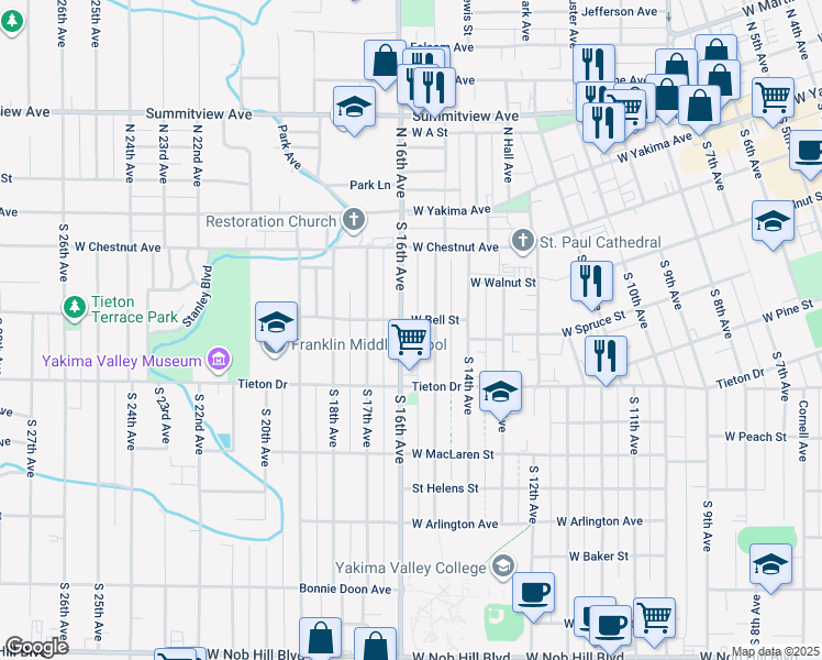 map of restaurants, bars, coffee shops, grocery stores, and more near 226 South 15th Avenue in Yakima