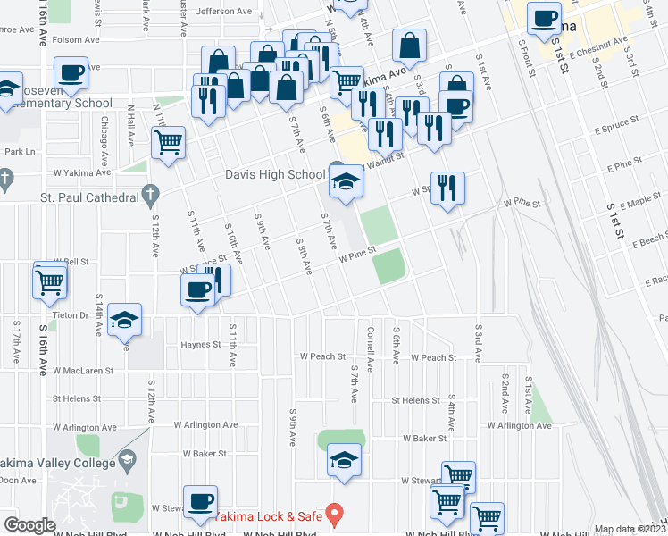 map of restaurants, bars, coffee shops, grocery stores, and more near 402 South 7th Avenue in Yakima