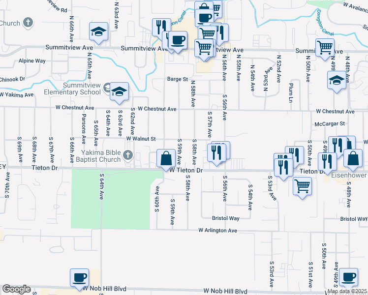 map of restaurants, bars, coffee shops, grocery stores, and more near 5800-5898 W Walnut Ave in Yakima