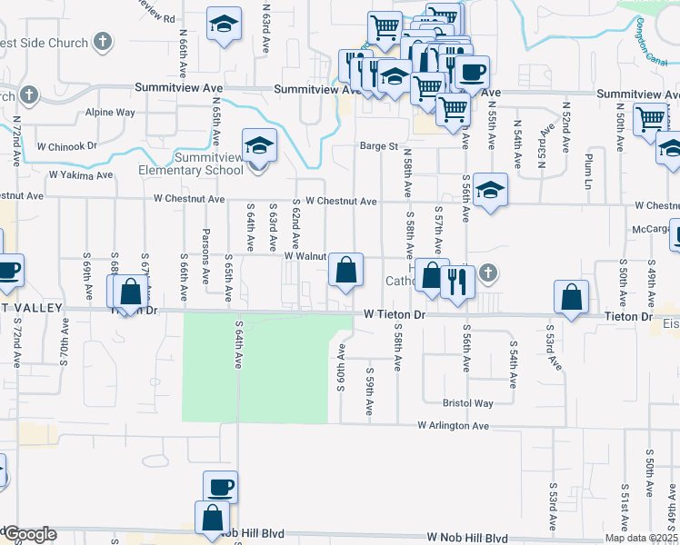 map of restaurants, bars, coffee shops, grocery stores, and more near 6006 West Walnut Street in Yakima