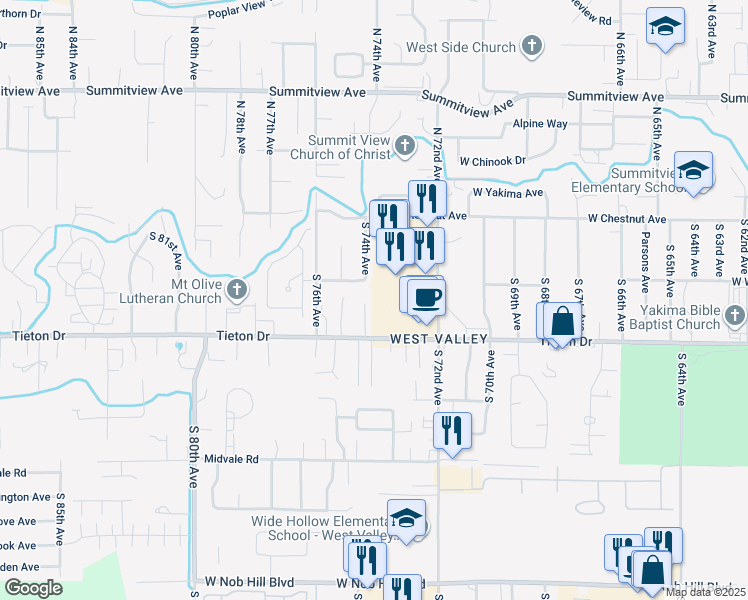 map of restaurants, bars, coffee shops, grocery stores, and more near 7404 W Walnut St in Yakima