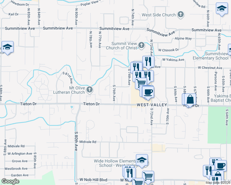 map of restaurants, bars, coffee shops, grocery stores, and more near 7504 West Walnut Street in Yakima