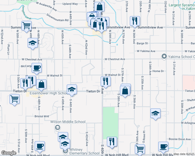 map of restaurants, bars, coffee shops, grocery stores, and more near 4001-4003 West Walnut Street in Yakima