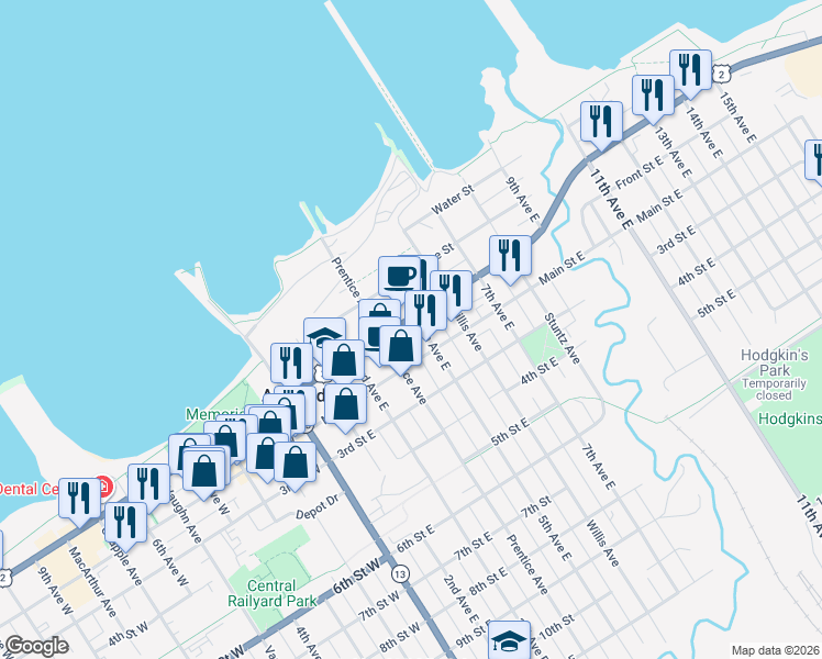 map of restaurants, bars, coffee shops, grocery stores, and more near 420 Lake Shore Drive East in Ashland