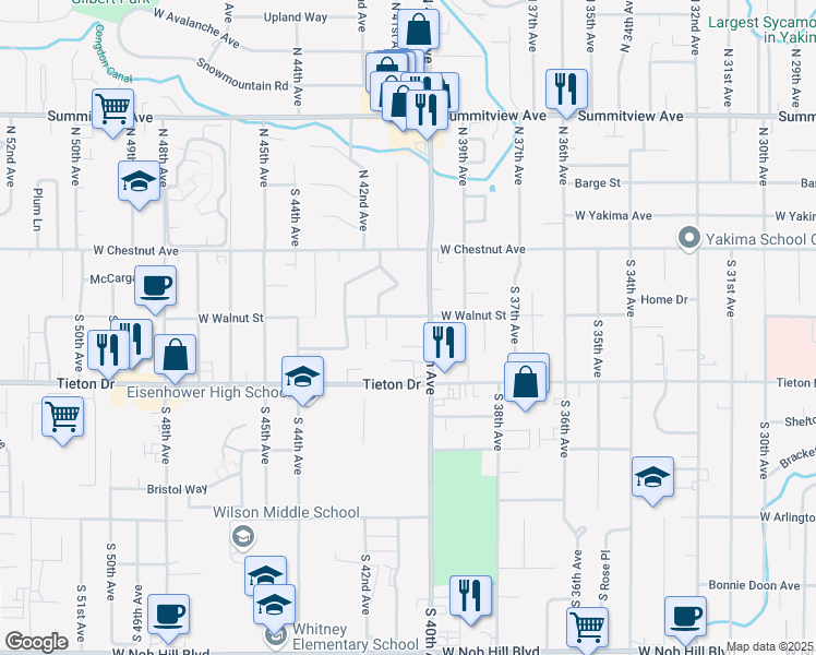 map of restaurants, bars, coffee shops, grocery stores, and more near 4001-4003 West Walnut Street in Yakima