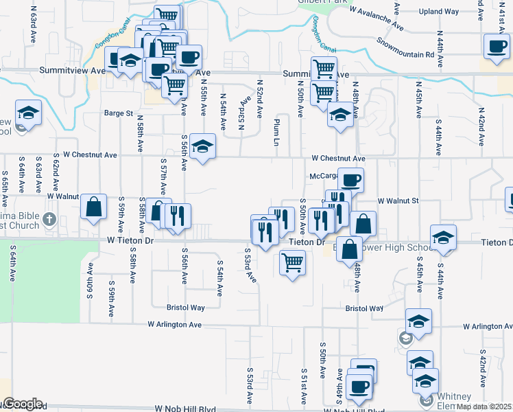map of restaurants, bars, coffee shops, grocery stores, and more near 5201 Tieton Drive in Yakima