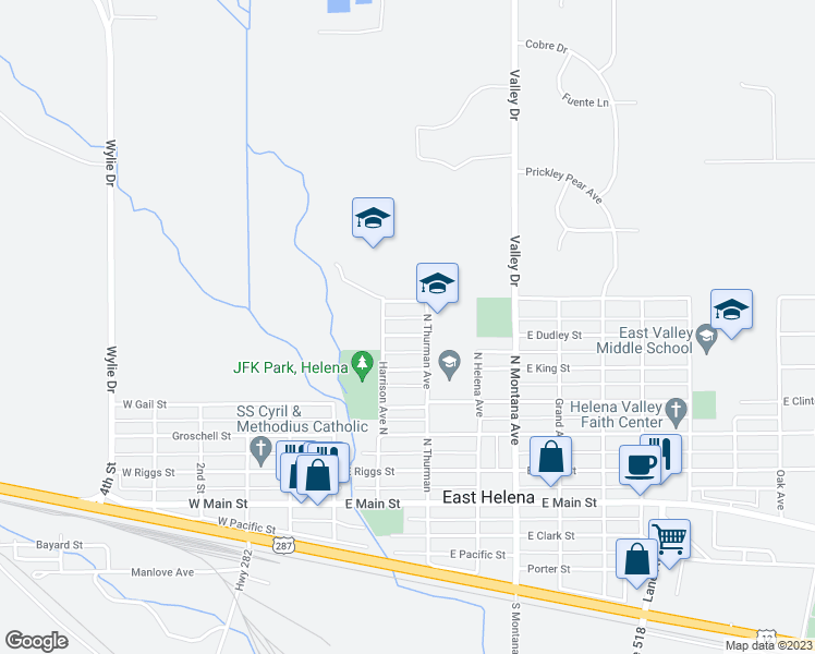 map of restaurants, bars, coffee shops, grocery stores, and more near 114 Dudley Street in East Helena