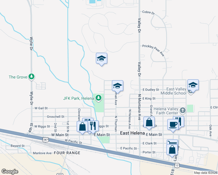 map of restaurants, bars, coffee shops, grocery stores, and more near 110 Dudley Street in East Helena