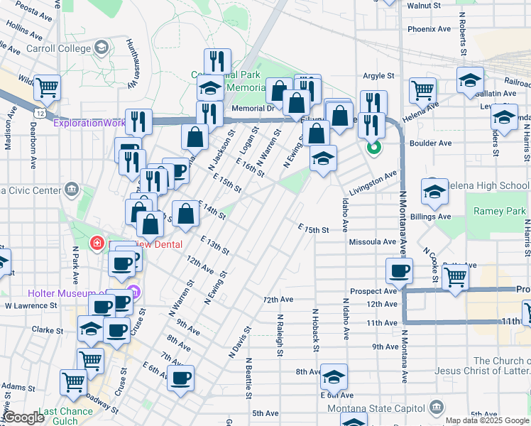 map of restaurants, bars, coffee shops, grocery stores, and more near 825 North Ewing Street in Helena