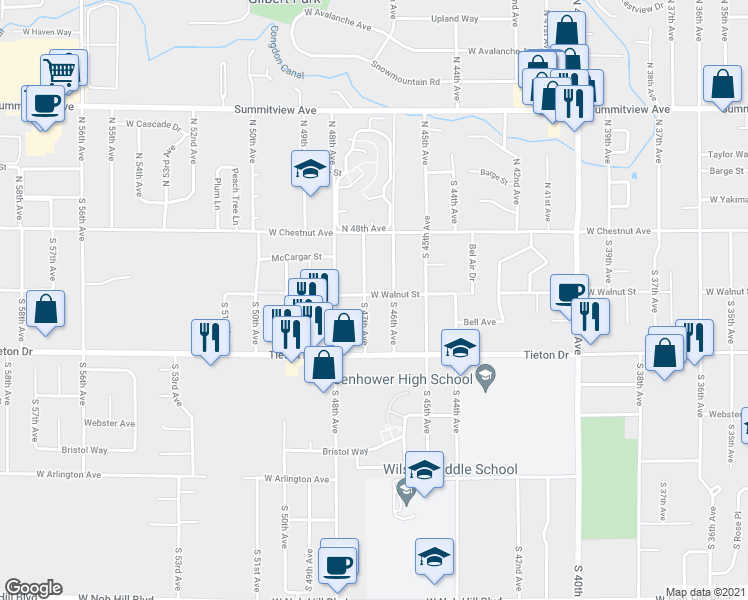 map of restaurants, bars, coffee shops, grocery stores, and more near 401 South 47th Avenue in Yakima