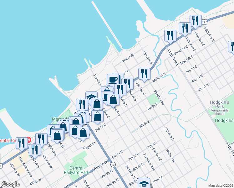 map of restaurants, bars, coffee shops, grocery stores, and more near 420 Lake Shore Drive East in Ashland
