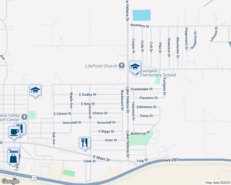 map of restaurants, bars, coffee shops, grocery stores, and more near 3768 East Dudley Street in East Helena