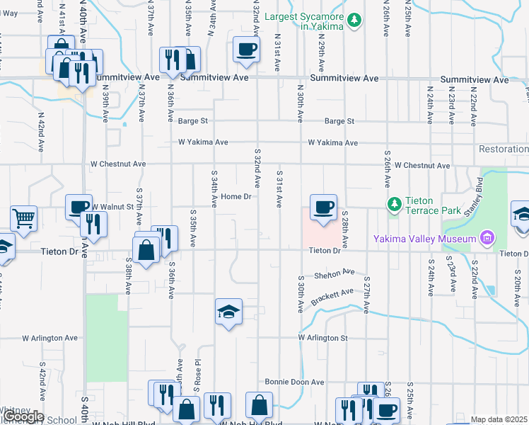 map of restaurants, bars, coffee shops, grocery stores, and more near 402 South 31st Avenue in Yakima