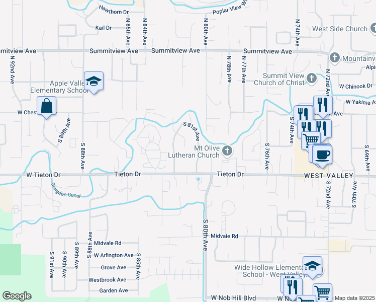 map of restaurants, bars, coffee shops, grocery stores, and more near 241 Joyce Place in Yakima