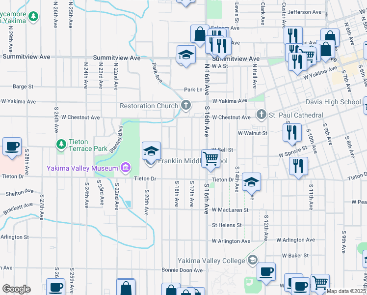 map of restaurants, bars, coffee shops, grocery stores, and more near 1707 West Bell Street in Yakima