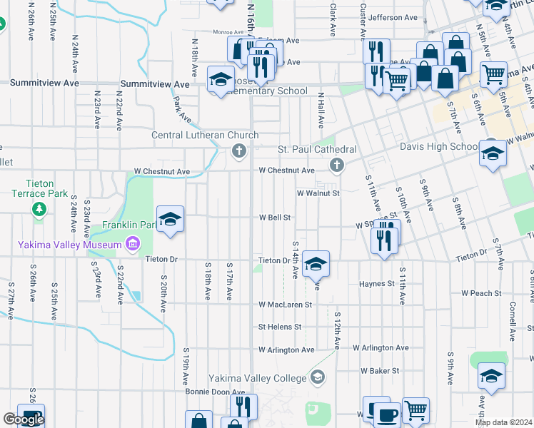 map of restaurants, bars, coffee shops, grocery stores, and more near 226 South 15th Avenue in Yakima