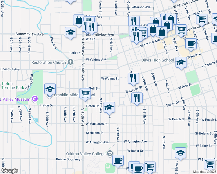 map of restaurants, bars, coffee shops, grocery stores, and more near 312 South 13th Avenue in Yakima