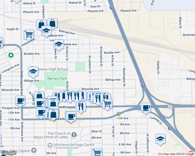 map of restaurants, bars, coffee shops, grocery stores, and more near 1826 Billings Avenue in Helena