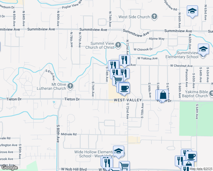 map of restaurants, bars, coffee shops, grocery stores, and more near 7404 West Walnut Street in Yakima