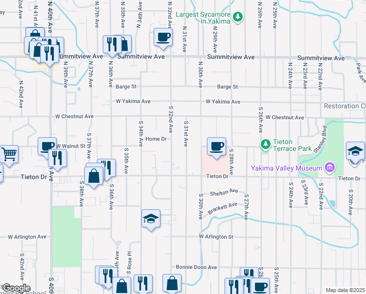 map of restaurants, bars, coffee shops, grocery stores, and more near 402 South 31st Avenue in Yakima