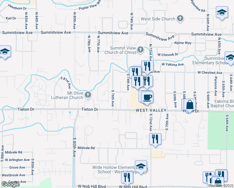 map of restaurants, bars, coffee shops, grocery stores, and more near 7504 West Walnut Street in Yakima