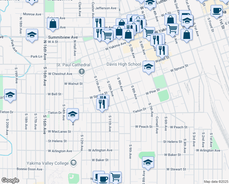 map of restaurants, bars, coffee shops, grocery stores, and more near 301 South 10th Avenue in Yakima
