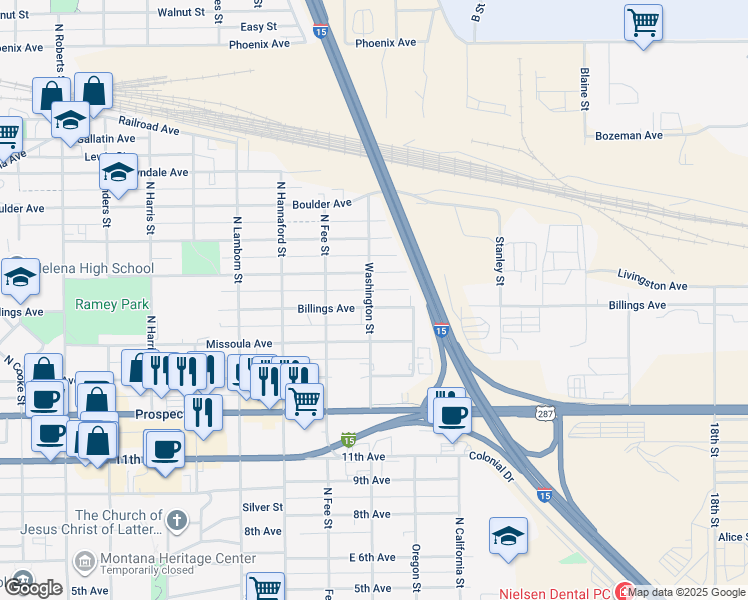 map of restaurants, bars, coffee shops, grocery stores, and more near 2106 Billings Avenue in Helena