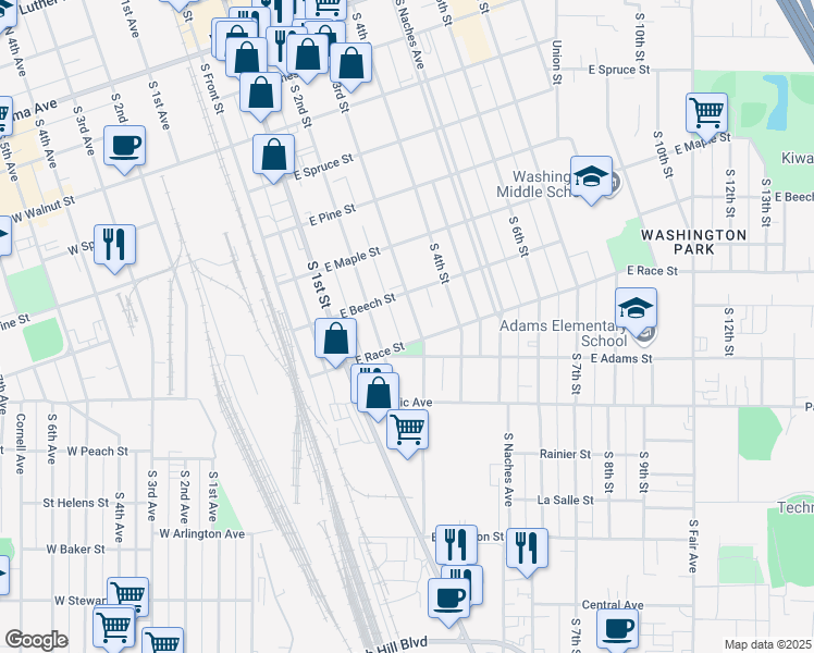 map of restaurants, bars, coffee shops, grocery stores, and more near 610 South 3rd Street in Yakima