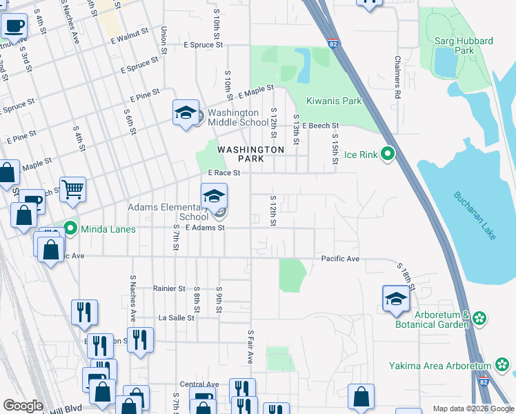 map of restaurants, bars, coffee shops, grocery stores, and more near 725 South Fair Avenue in Yakima