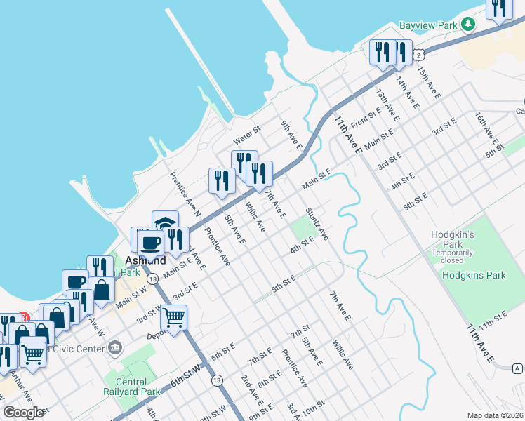 map of restaurants, bars, coffee shops, grocery stores, and more near 622 Main Street East in Ashland