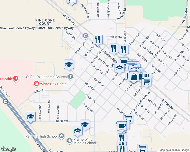 map of restaurants, bars, coffee shops, grocery stores, and more near 357 5th Avenue Southwest in Perham