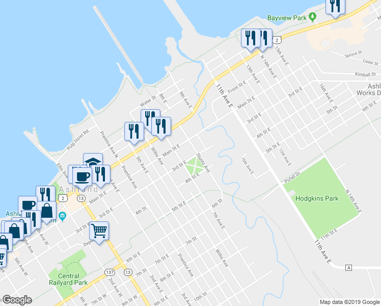map of restaurants, bars, coffee shops, grocery stores, and more near 217 Stuntz Avenue in Ashland