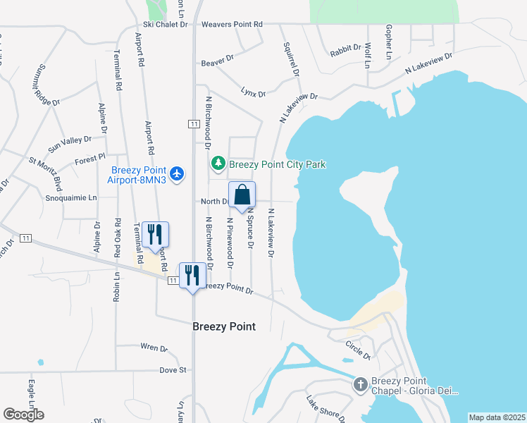 map of restaurants, bars, coffee shops, grocery stores, and more near 30393 North Lakeview Drive in Pequot Lakes