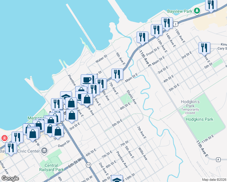 map of restaurants, bars, coffee shops, grocery stores, and more near 622 Main Street East in Ashland