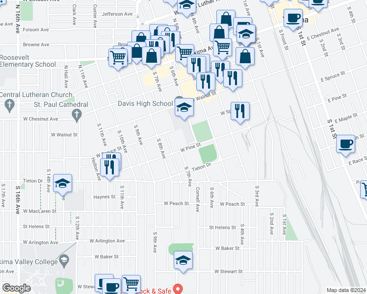 map of restaurants, bars, coffee shops, grocery stores, and more near 607 W Pine St in Yakima