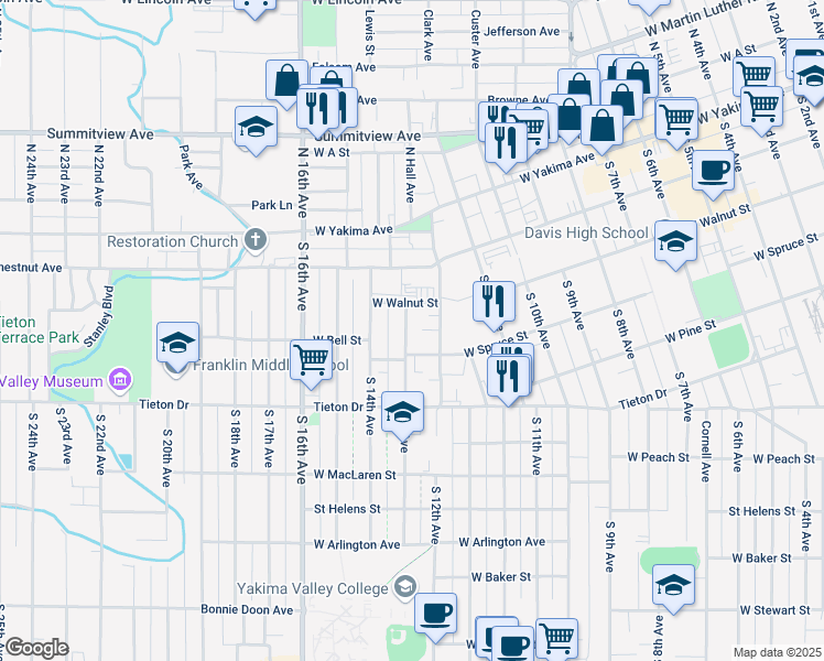 map of restaurants, bars, coffee shops, grocery stores, and more near 312 South 13th Avenue in Yakima