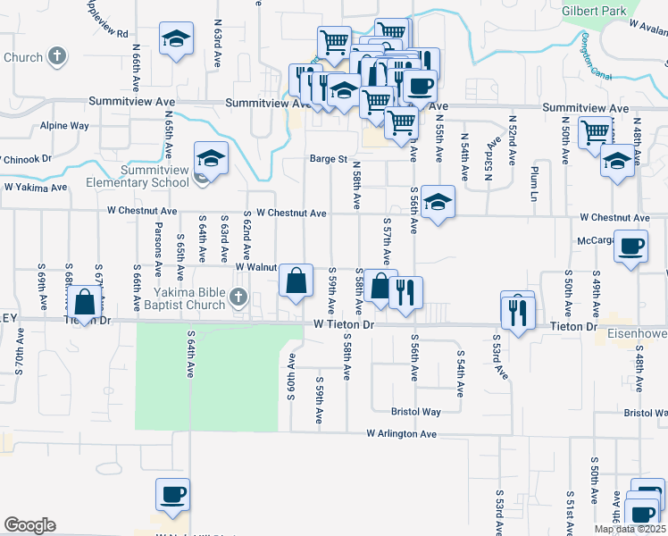 map of restaurants, bars, coffee shops, grocery stores, and more near 5898 West Walnut Street in Yakima