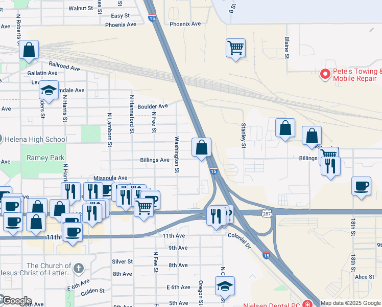 map of restaurants, bars, coffee shops, grocery stores, and more near 2130 Billings Avenue in Helena