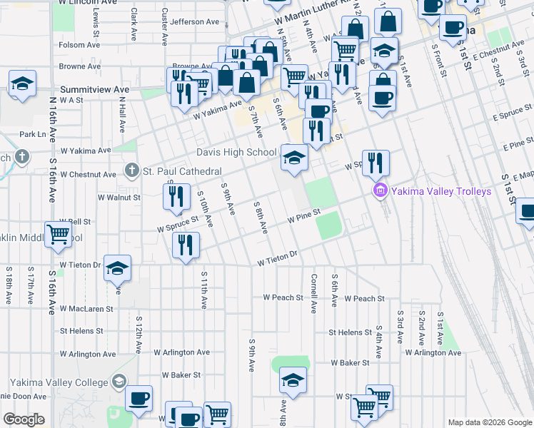 map of restaurants, bars, coffee shops, grocery stores, and more near 311 South 8th Avenue in Yakima
