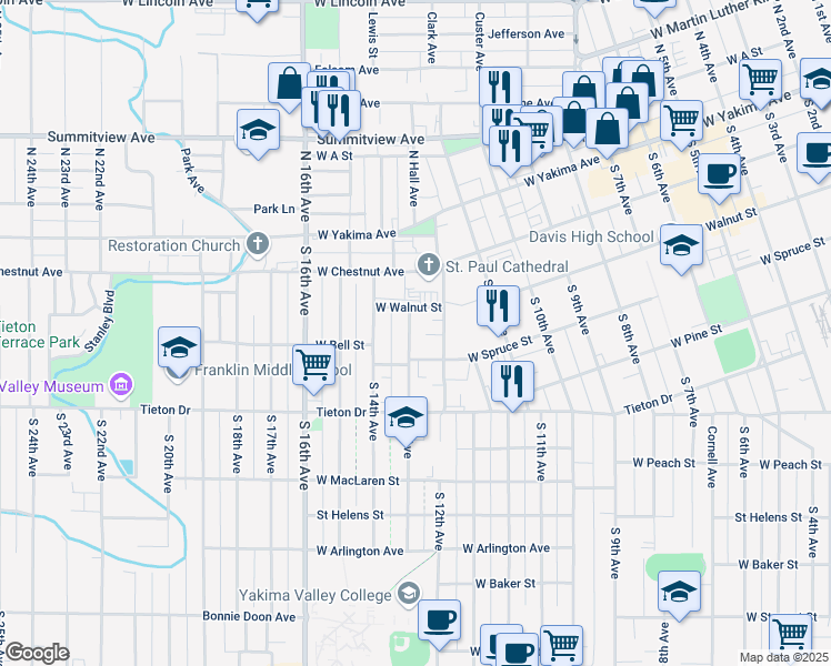 map of restaurants, bars, coffee shops, grocery stores, and more near 312 South 13th Avenue in Yakima