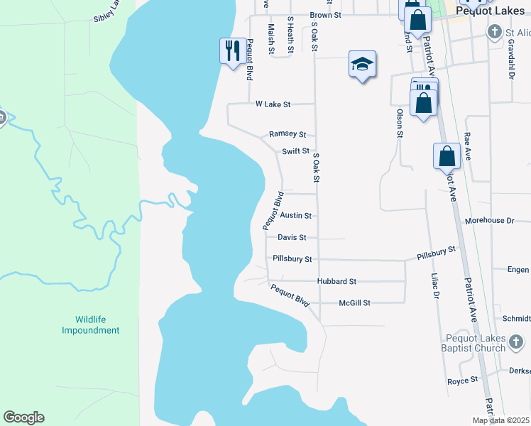 map of restaurants, bars, coffee shops, grocery stores, and more near 30437 Pequot Boulevard in Pequot Lakes