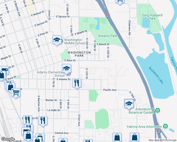 map of restaurants, bars, coffee shops, grocery stores, and more near 1204 E Alder St in Yakima