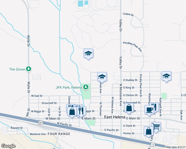 map of restaurants, bars, coffee shops, grocery stores, and more near 506 Harrison Avenue North in East Helena