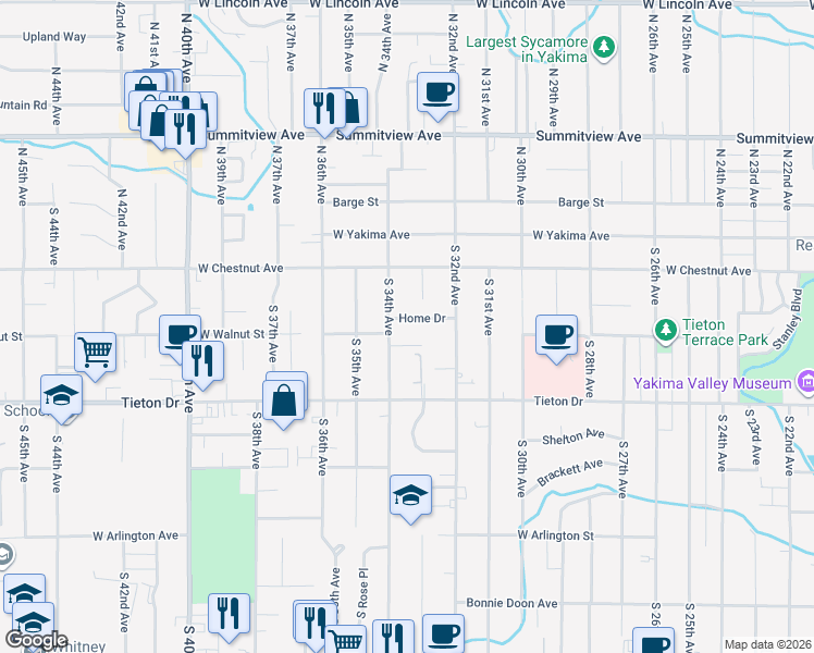 map of restaurants, bars, coffee shops, grocery stores, and more near 401 South 34th Avenue in Yakima
